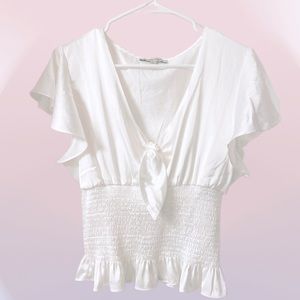 Flounce silk top with scrunch & tie detail